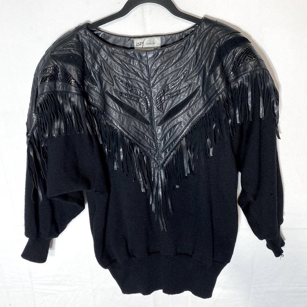 Vintage Izzy Camilleri Black Wool W Leather Décolletage & Fringe Sweater S